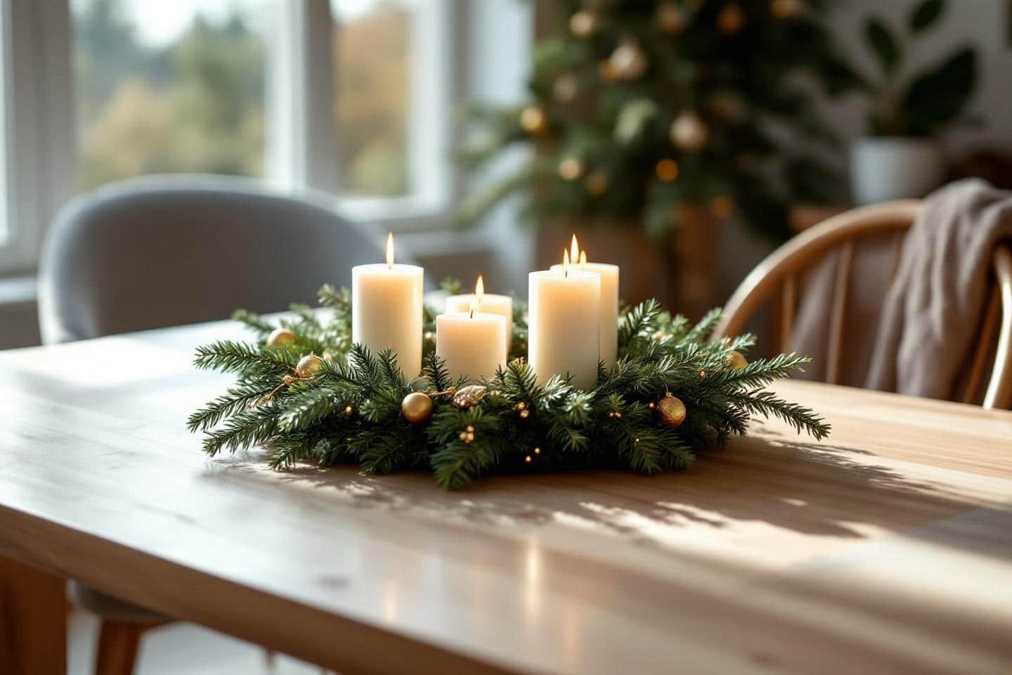 Adventi koszorú égő gyertyákkal, természetes ünnepi dekorációval
